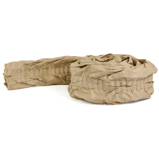 Coiled roll of crumpled brown kraft paper void-fill packaging material on a white background