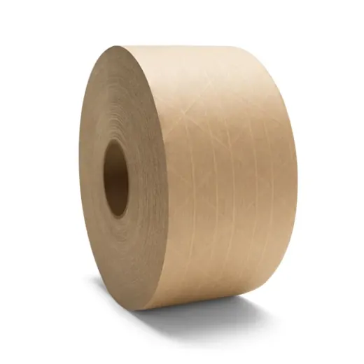Roll of brown kraft paper packing tape with cardboard core on a white background