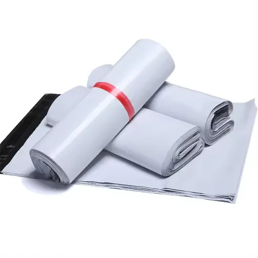 White plastic courier mailer bags with red seal strip, one rolled and one flat showing black interior