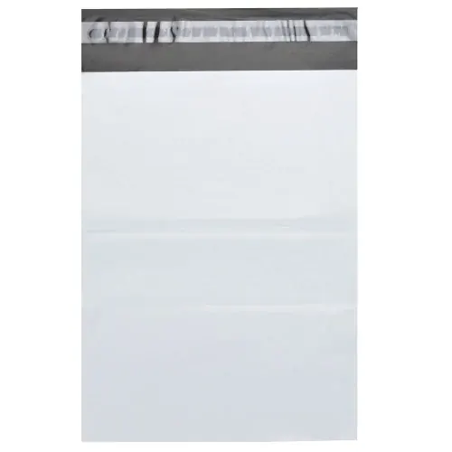 White poly mailing bag with gray self-seal adhesive flap on a plain white background
