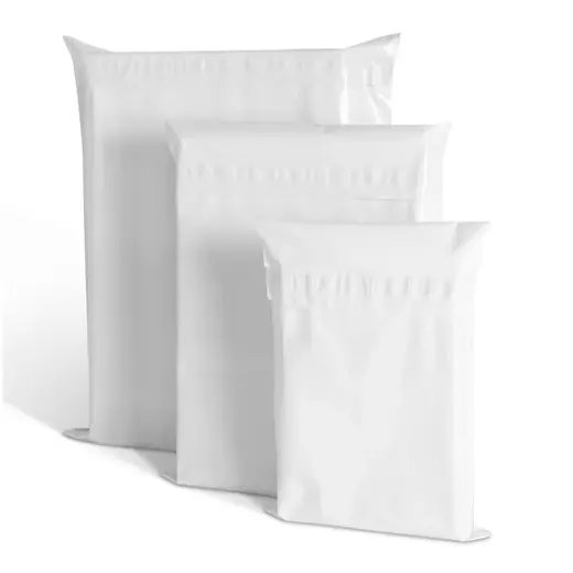 Three white self-seal poly mailer bags in ascending sizes on a clean white background