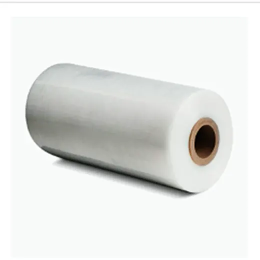 A large roll of clear plastic stretch film with a brown cardboard core.