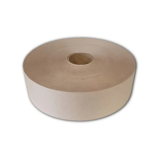 Large roll of brown kraft paper tape with cardboard core on a plain white background