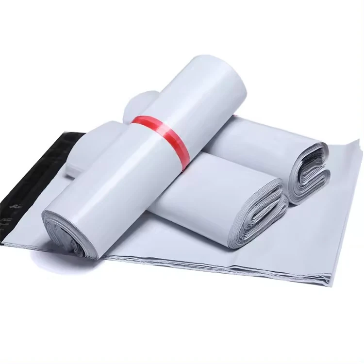 White plastic courier mailer bags with red seal strip, one rolled and one flat showing black interior