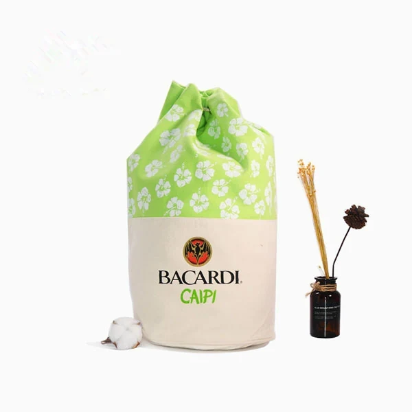 Canvas Drawstring Bucket Bag With Printed Top