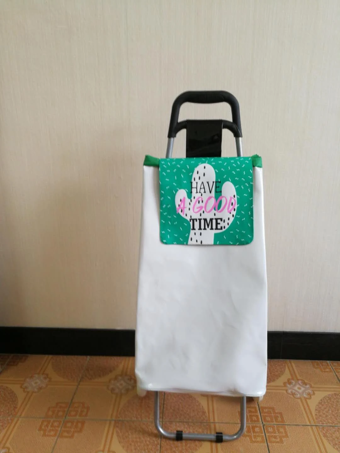 Folding Shopping Trolley In White With Cactus Flap