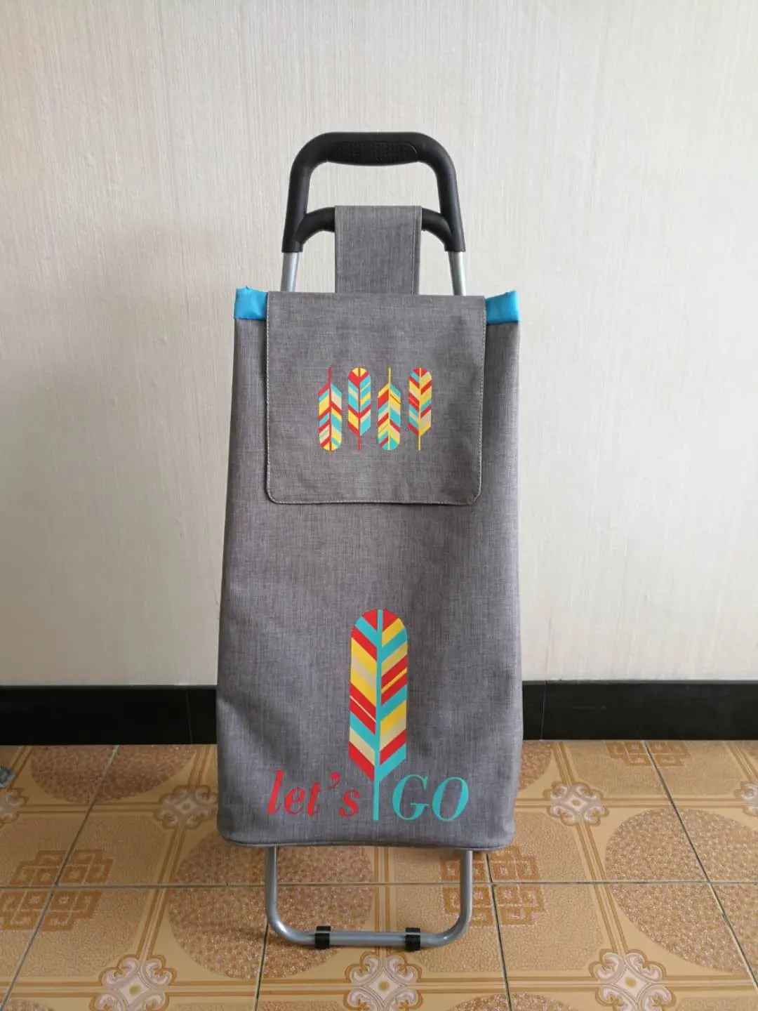 Folding Shopping Trolley In Grey With Arrow Print