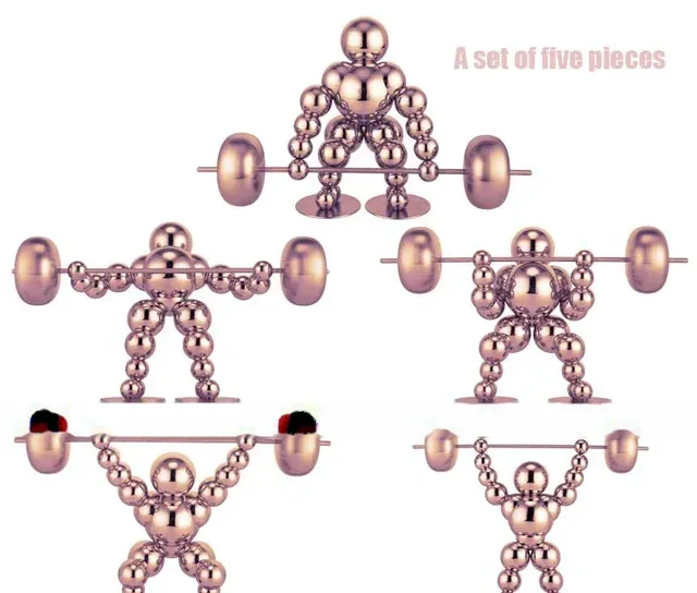 Five rose gold metal ball-figure weightlifter sculptures holding barbells, arranged on a white background