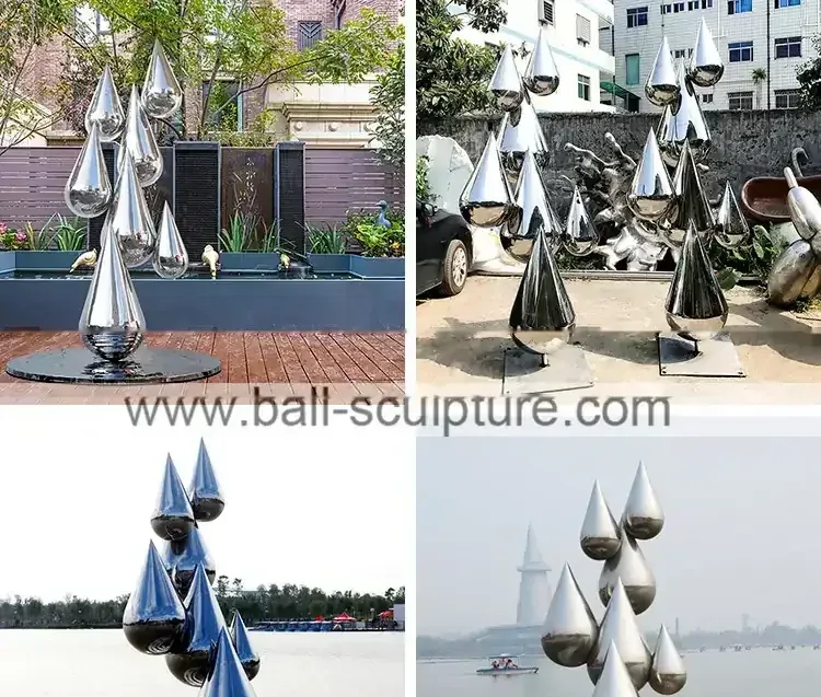 Collage of four photos of polished stainless steel teardrop sculptures in outdoor settings with website URL overlay
