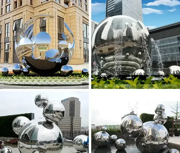 Collage of four photos of large polished stainless steel sphere sculptures in outdoor plazas and garden settings