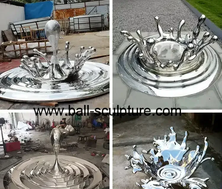 Collage of four photos of polished stainless steel water-splash sculptures shown outdoors and inside a workshop