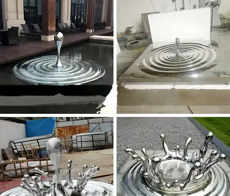 Collage of four photos of polished stainless steel water droplet and splash sculptures in pool, workshop, and yard settings