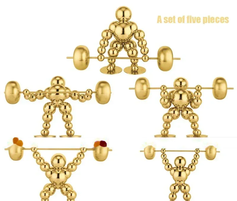 Set of five polished gold weightlifter figurines made of stacked spheres holding barbells, on white background
