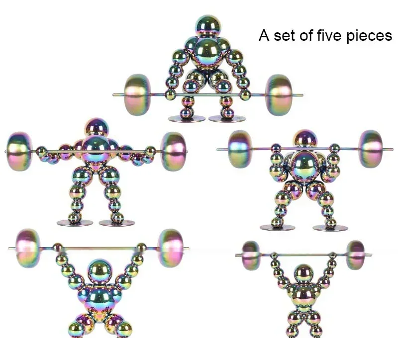 Five rainbow-colored magnetic ball figures in weightlifting poses with barbell magnets on white background