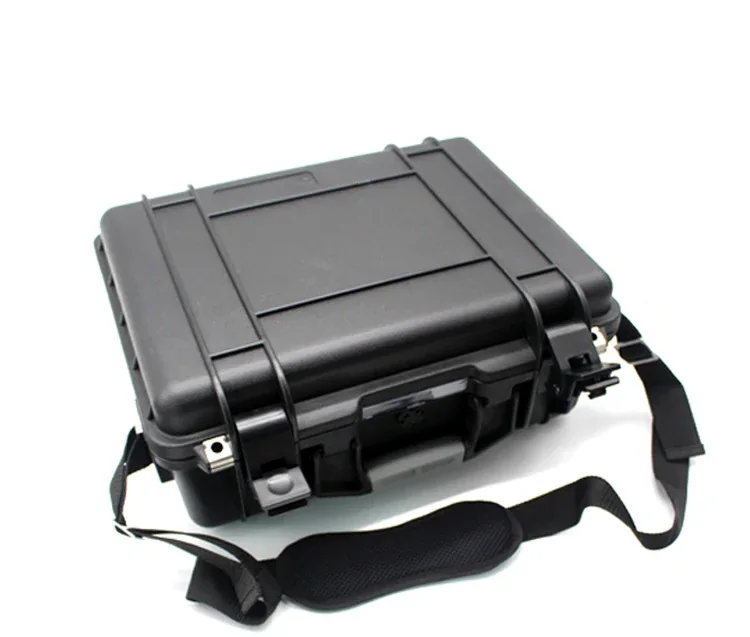 Closed black hard plastic protective case with shoulder strap and latches