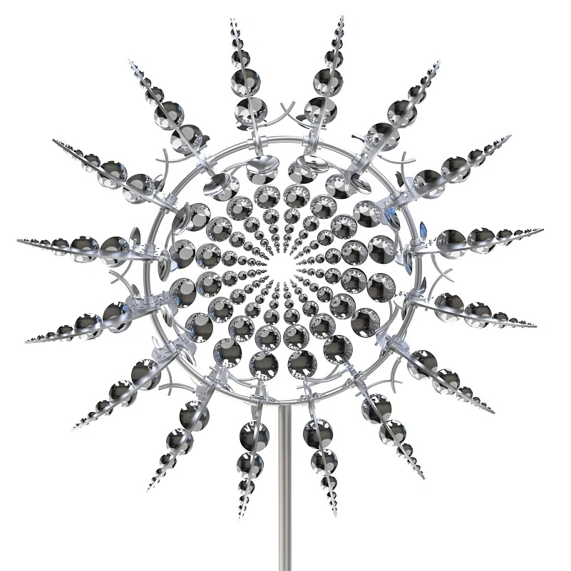 Silver starburst sculpture featuring concentric circles of faceted crystals and radiating spikes on a central stem.