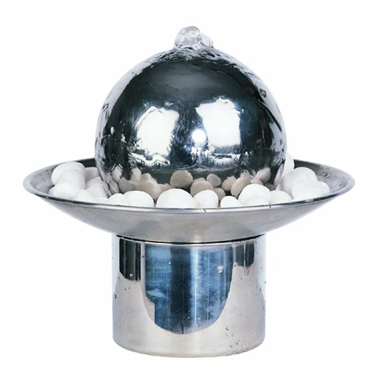 Stainless steel sphere fountain in a round basin