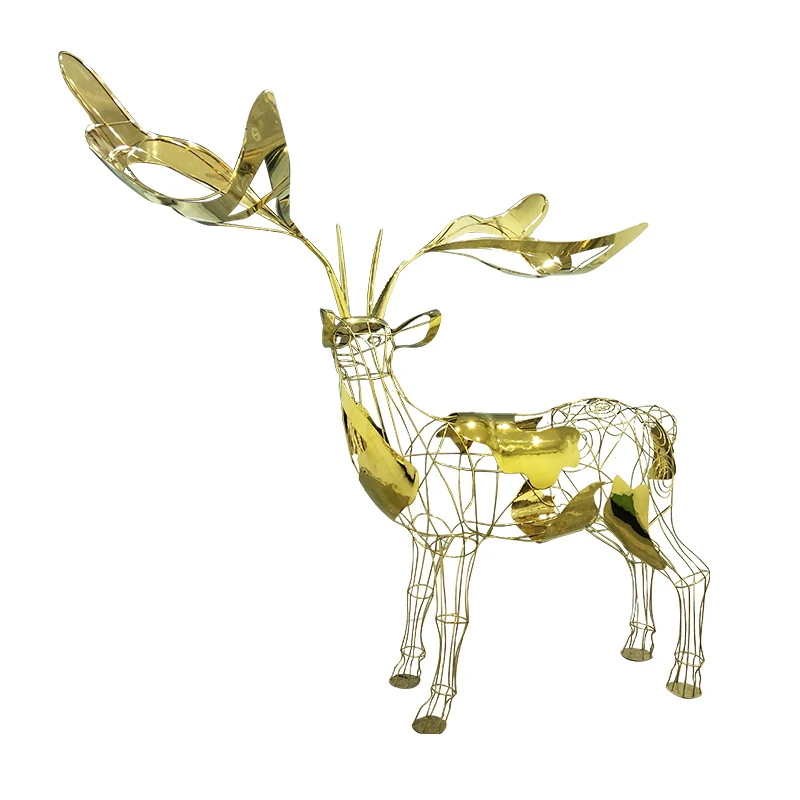 Openwork sika deer sculpture in gold finished stainless steel wire and sheet
