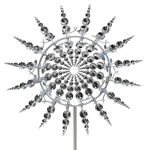 Silver starburst sculpture featuring concentric circles of faceted crystals and radiating spikes on a central stem.