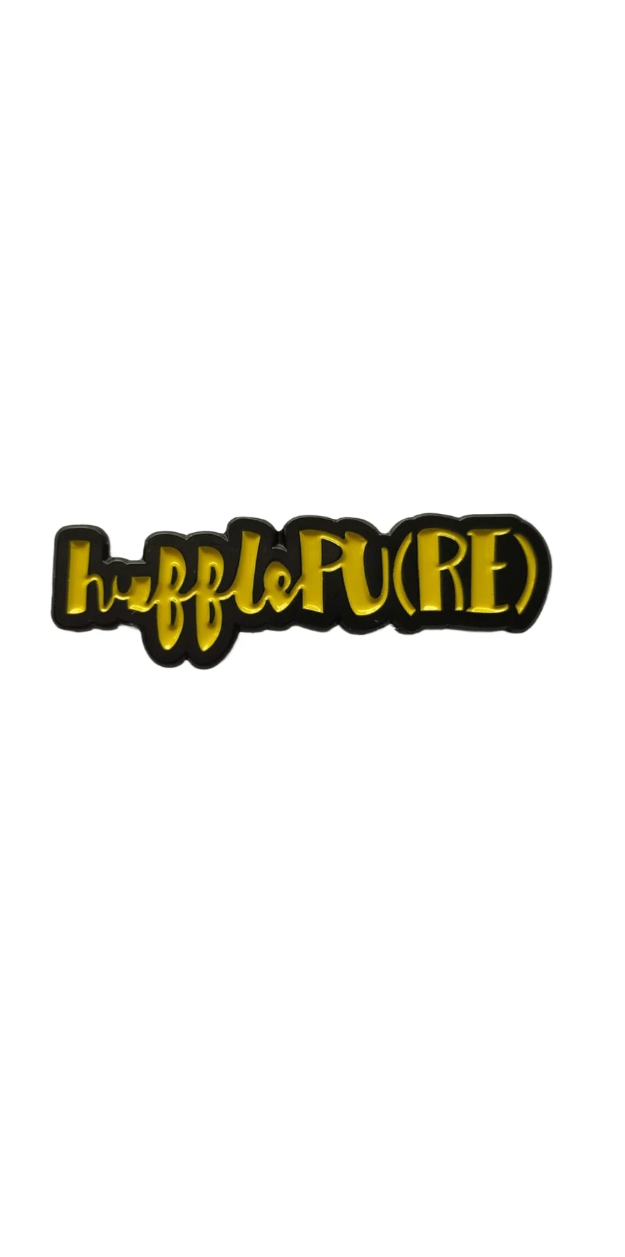 Script Lettering Soft Enamel Lapel Pin showing a yellow script wordmark on a black enamel field