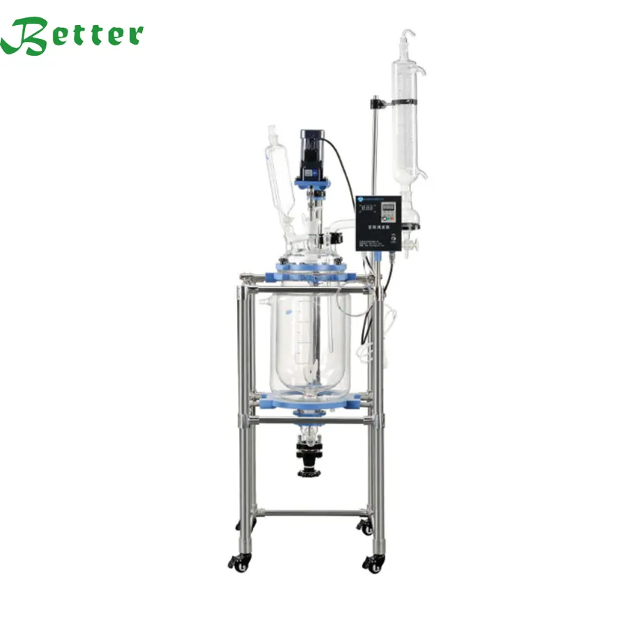 HGR-50 jacketed glass reactor, 50L, on a stainless steel frame with stirrer motor
