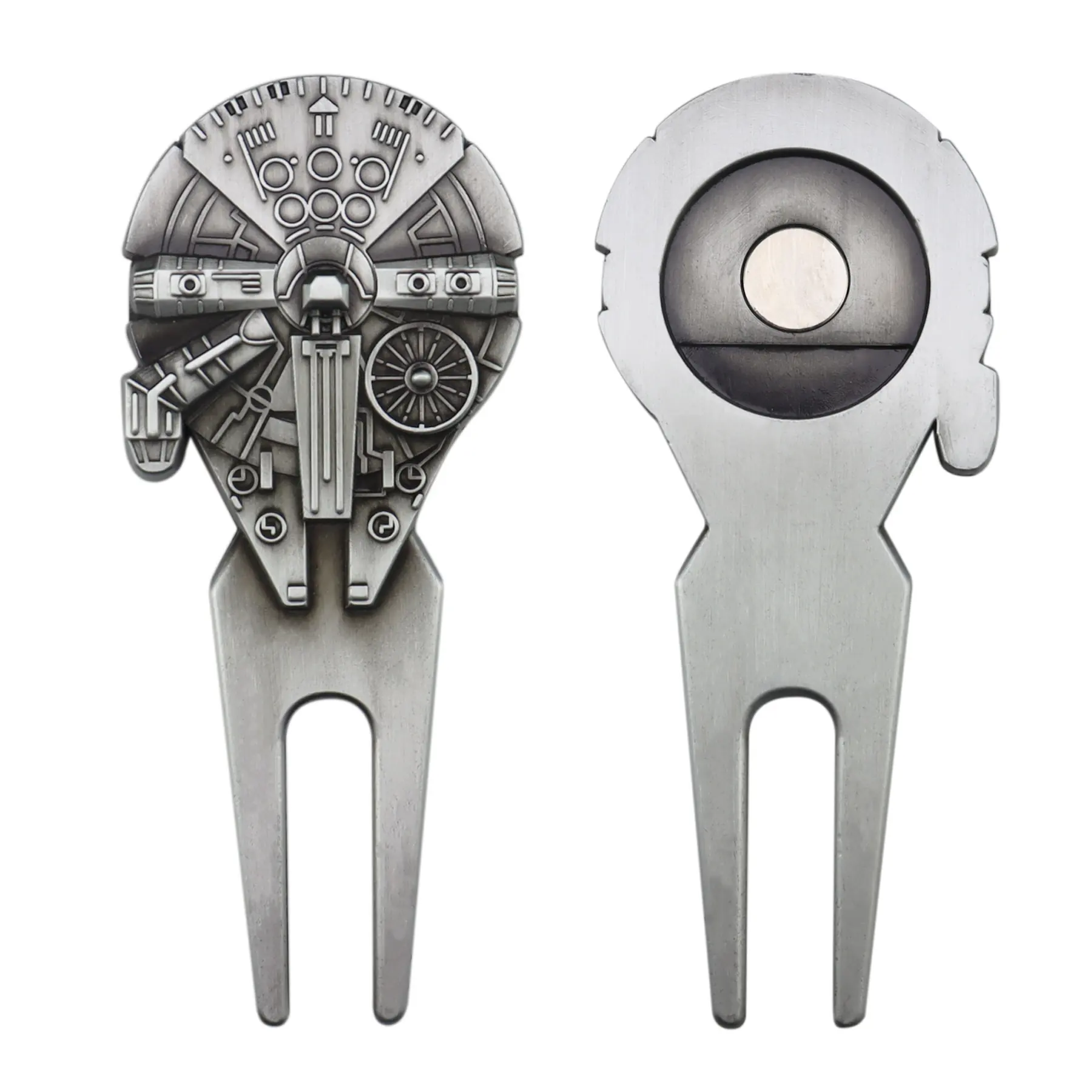 Spaceship golf divot tool shown from above
