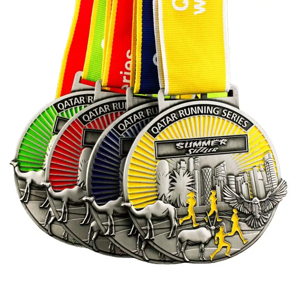 Antique silver 3D sport medal with soft enamel detail and lanyard