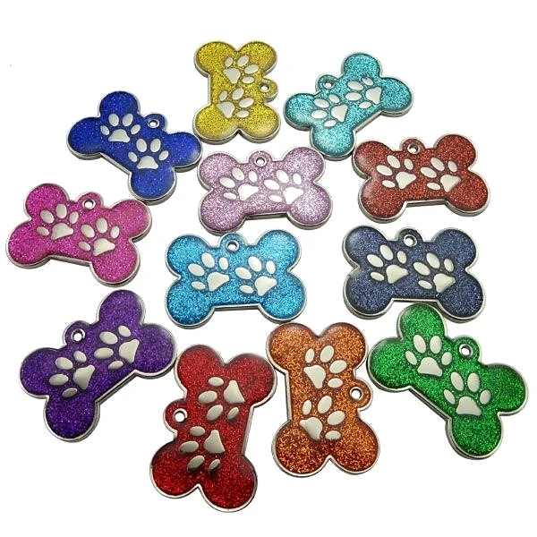Bone shaped glitter paw dog ID tags in assorted colours
