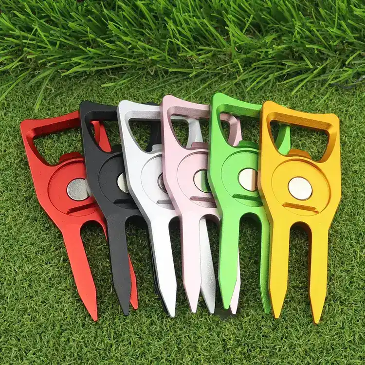 Bottle opener detail on an anodised golf divot tool