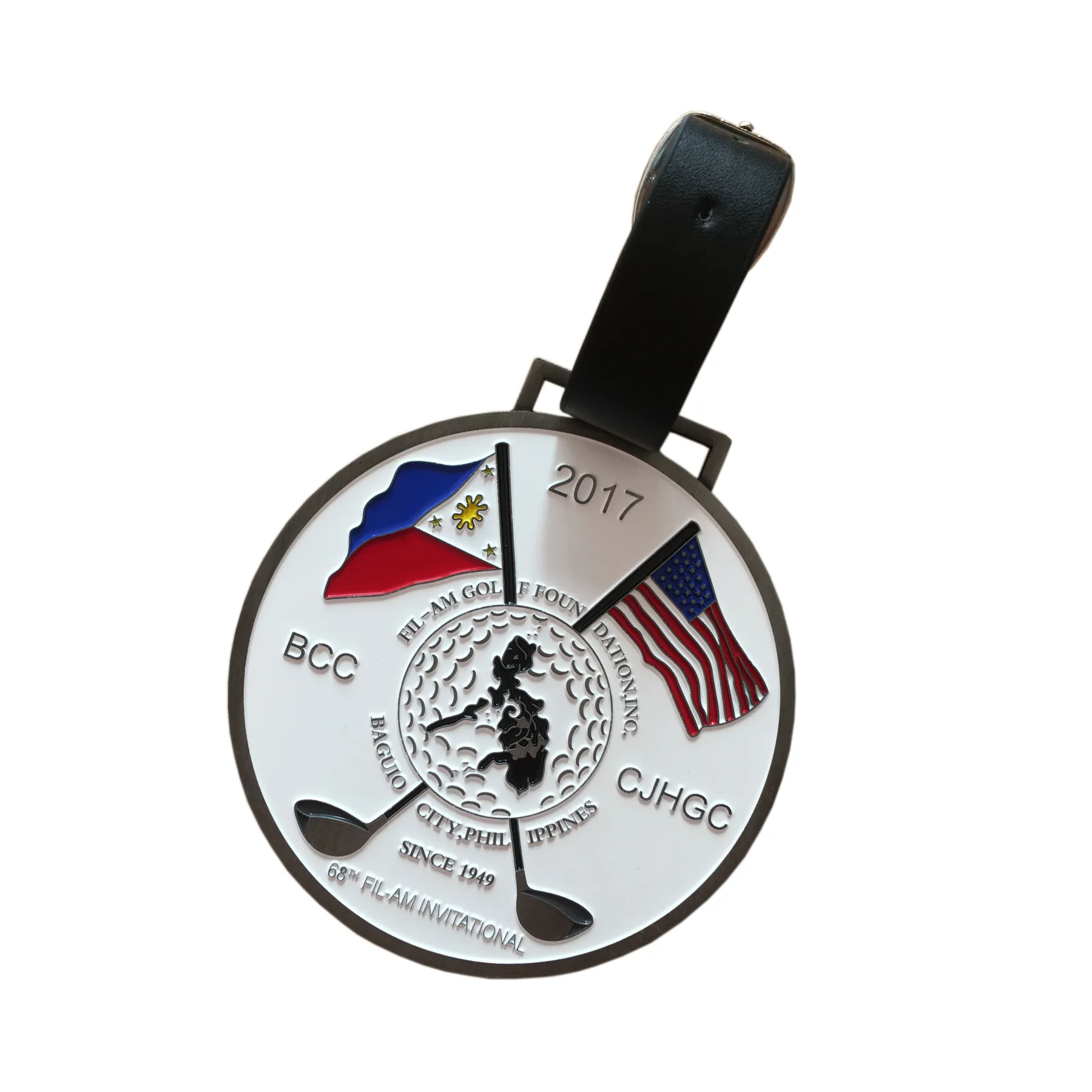 Custom metal golf bag label tag with club crest