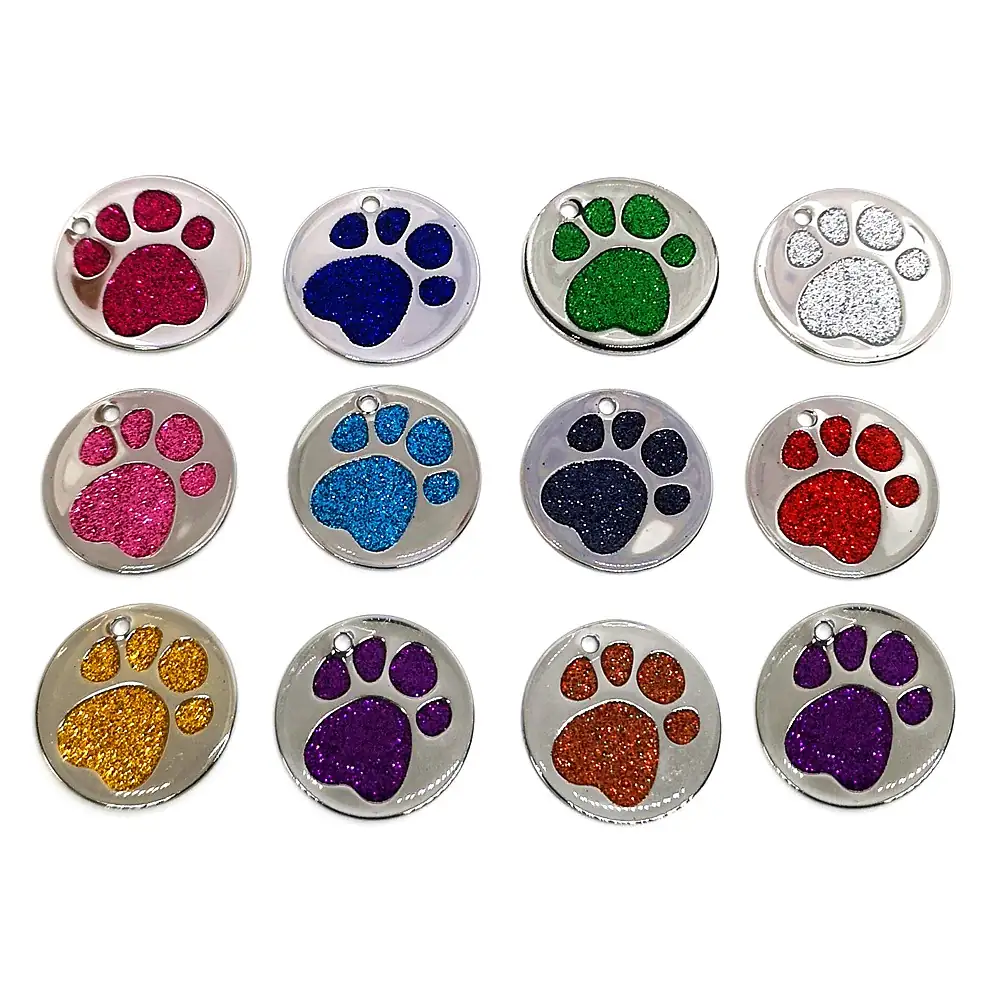 Glitter enamel paw pet ID tags in twelve colours