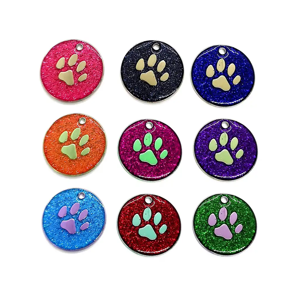 Laser etched glitter paw pet ID tags for dogs and cats