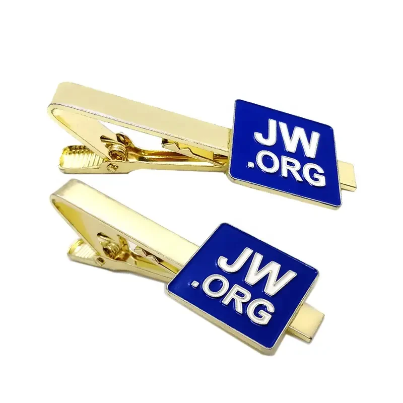 Metal tie clip with enamel logo detail