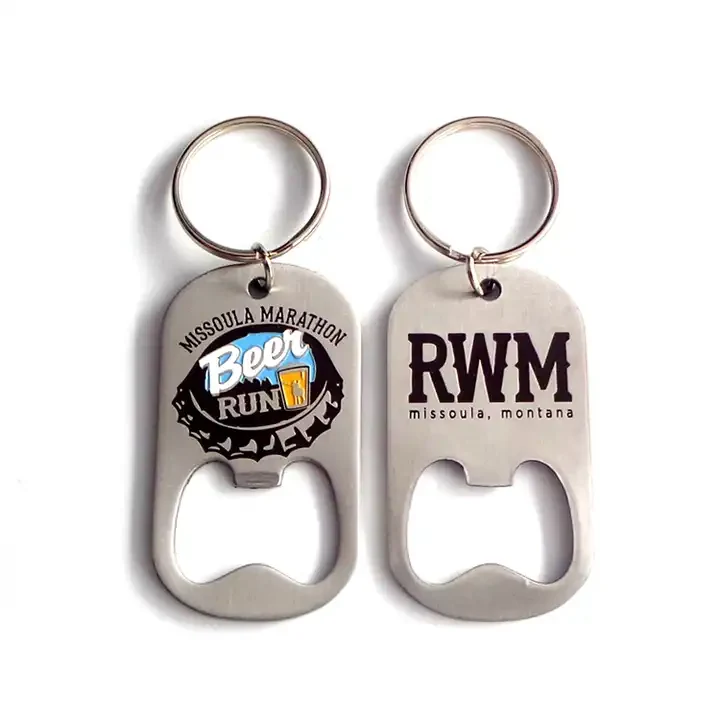 Metal bottle opener keychain with struck logo
