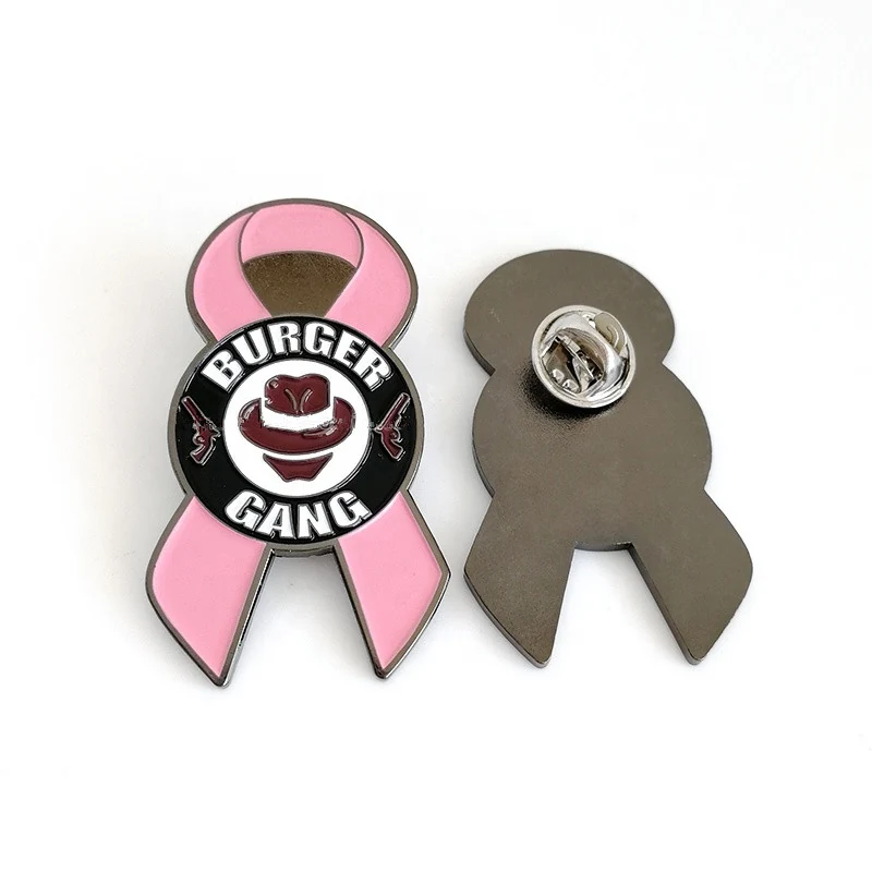 Pink ribbon soft enamel lapel pin with black nickel plating