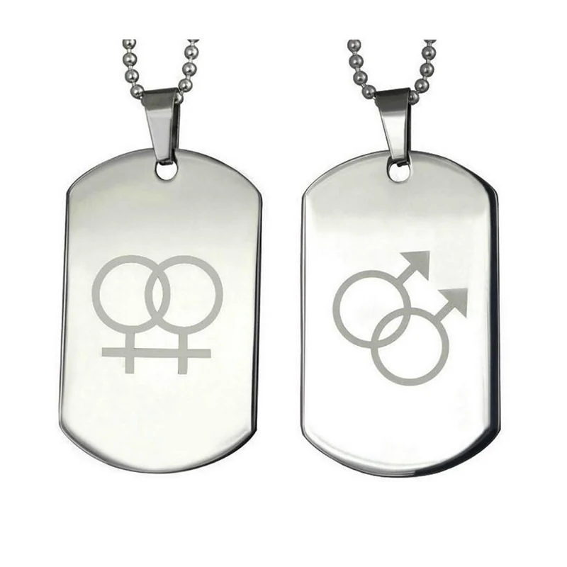 Two polished stainless steel dog tag necklaces with ball chains and engraved symbols