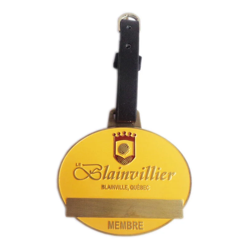 Metal luggage tag with leather belt strap