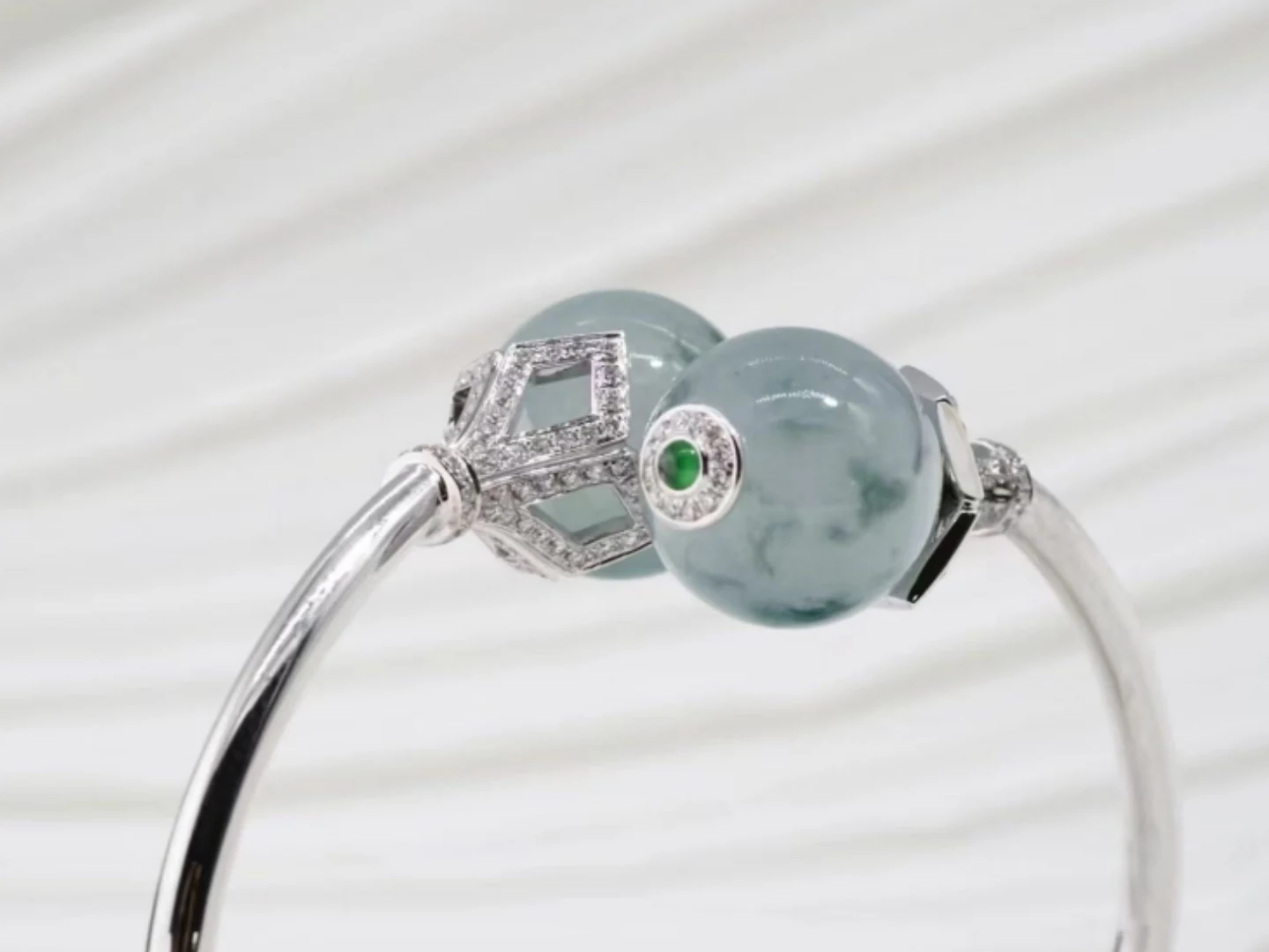 Certified Untreated Grade A Jade Bangle With 18K White Gold photographed at the BH Jewelry workshop in Shenzhen
