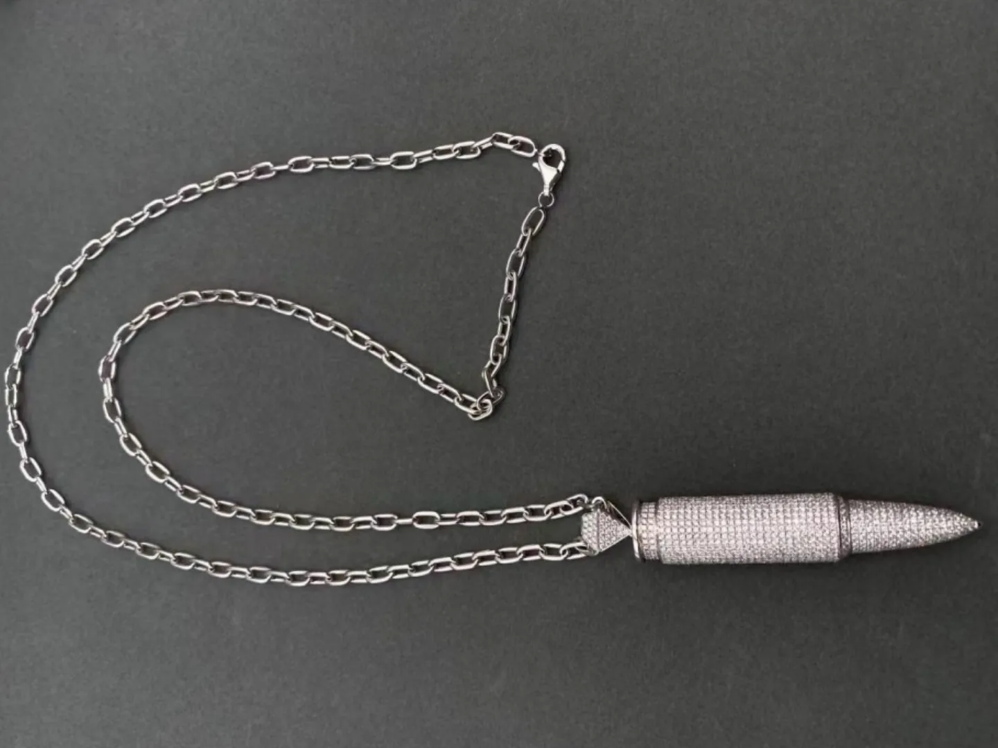 Pavé Diamond Bullet Pendant Necklace photographed at the BH Jewelry workshop in Shenzhen