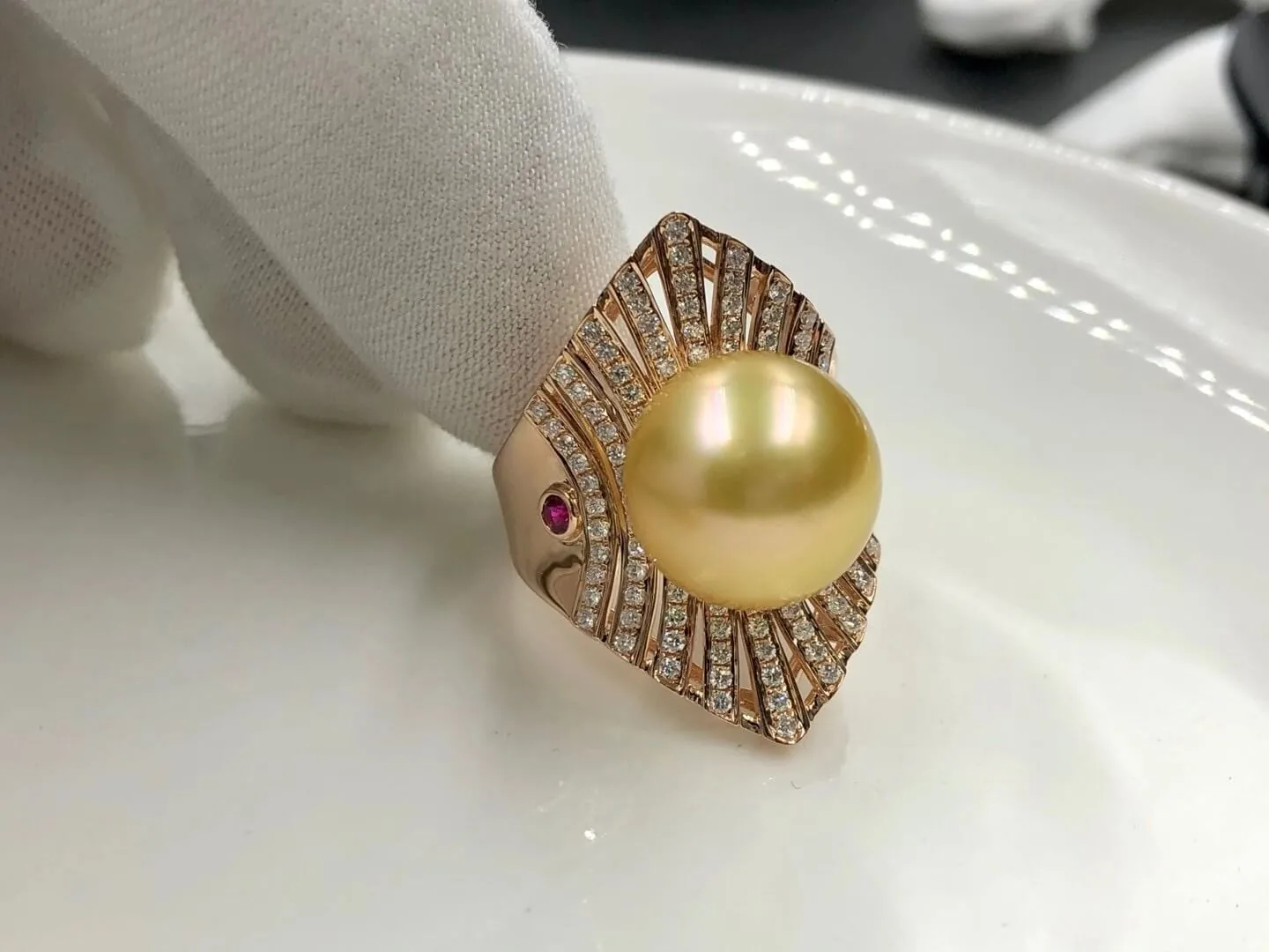 South Sea Golden Pearl And Diamond Ring photographed at the BH Jewelry workshop in Shenzhen