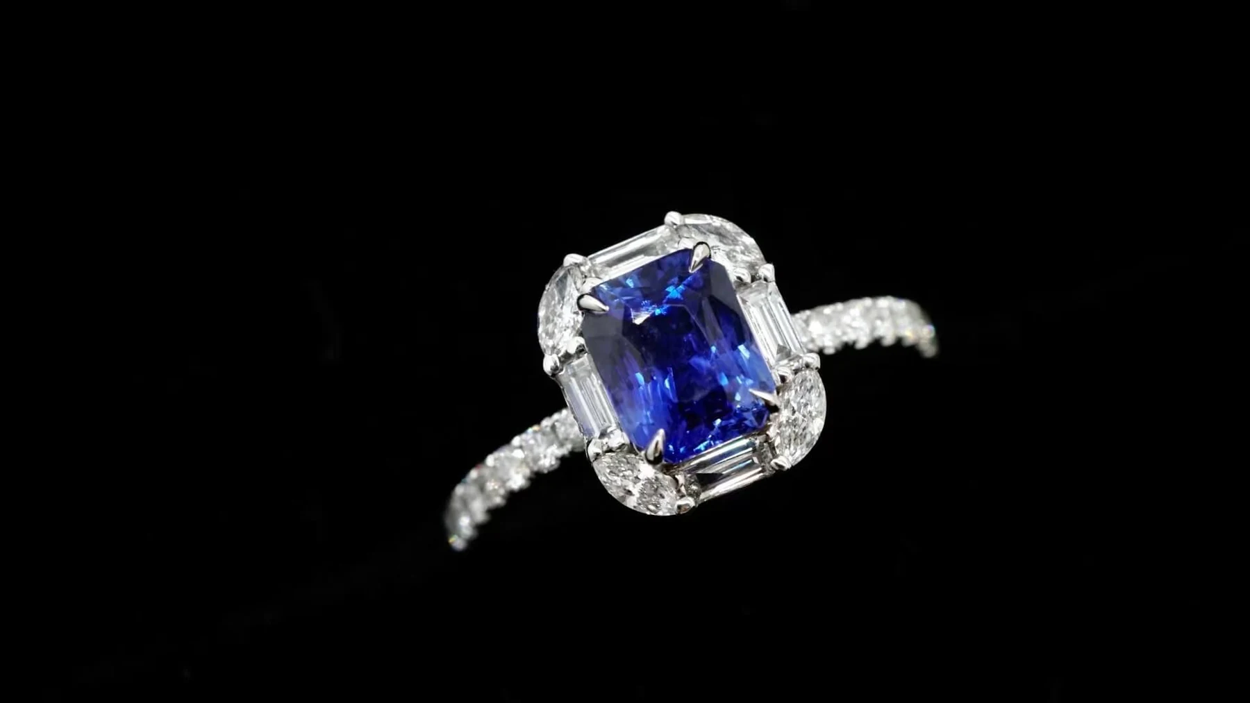 Blue Sapphire And Diamond Halo Engagement Ring photographed at the BH Jewelry workshop in Shenzhen