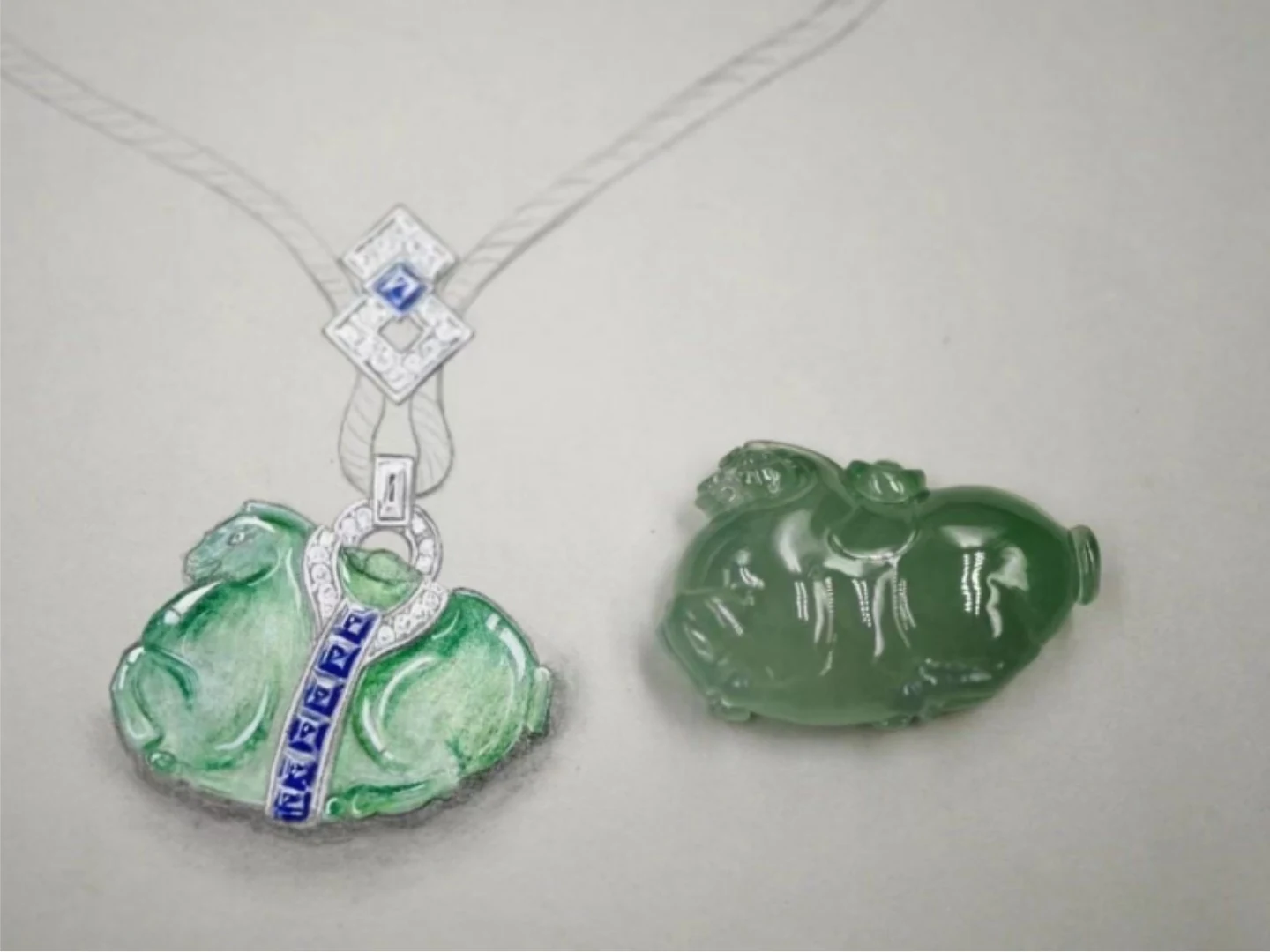 Jadeite Squirrel Pendant With Natural Diamonds photographed at the BH Jewelry workshop in Shenzhen