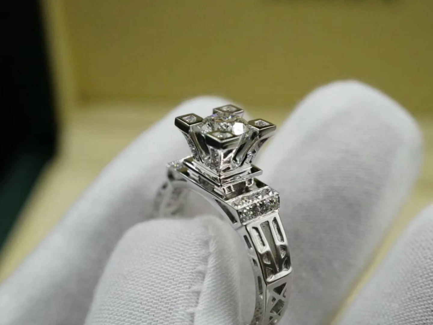 Eiffel Tower 1ct Diamond Engagement Ring photographed at the BH Jewelry workshop in Shenzhen