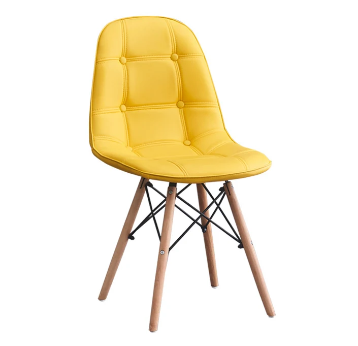 Leather upholstered plastic shell dining chair on wood legs