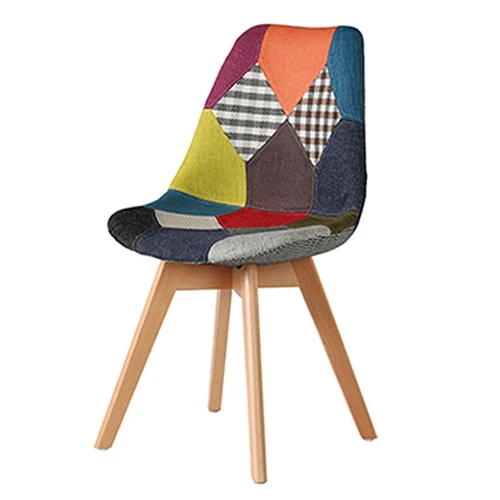 Tulip-profile patchwork upholstered dining chair on wood legs