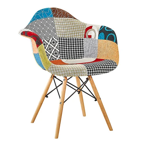Upholstered plastic armchair with patchwork surface and wood legs