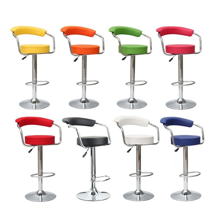 Synthetic leather high stool with backrest, arms and chromed footrest base - view 2