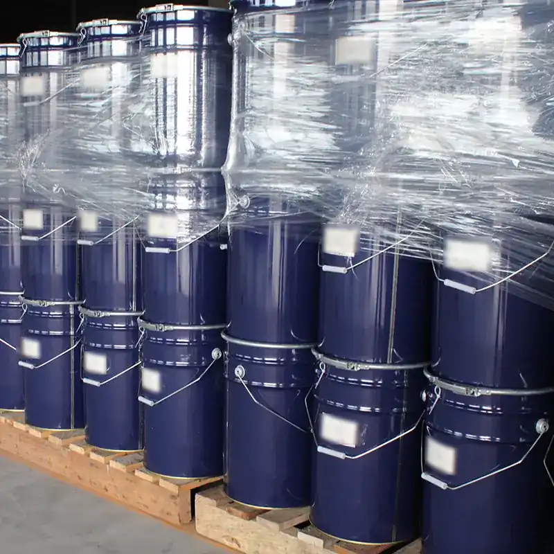 Sealed 200kg drums of silicone fluid palletised for shipment