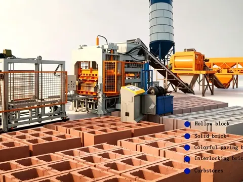 Freshly moulded paving blocks stacked on pallets on a Chinese factory floor