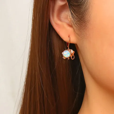 Plated Brass Boho Elephant Earrings Vintage Opal Earrings - view 2